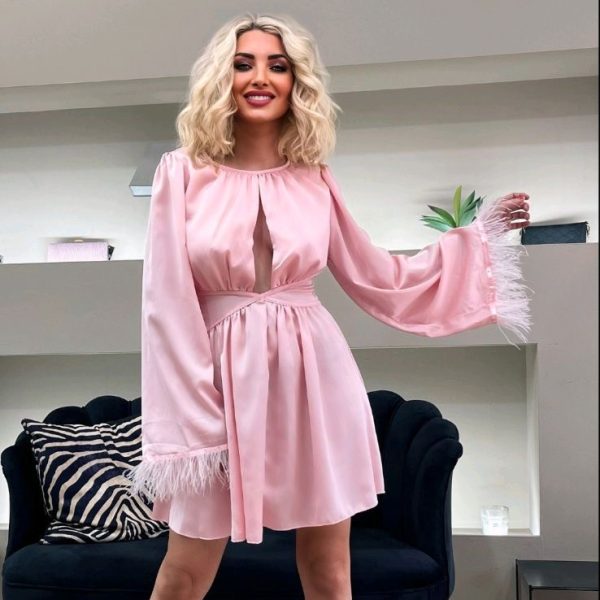 Φόρεμα Σατέν Με Πούπουλα Ροζ One Size