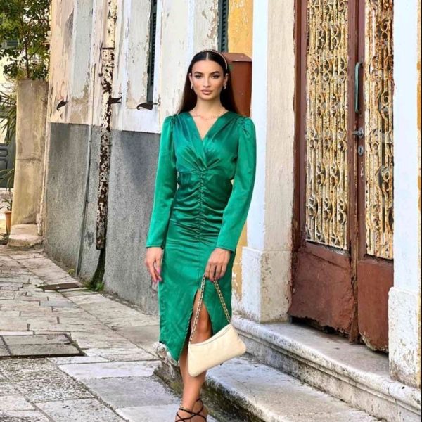 Φόρεμα Σατέν Μακρυμάνικο Μίντι Πράσινο One Size