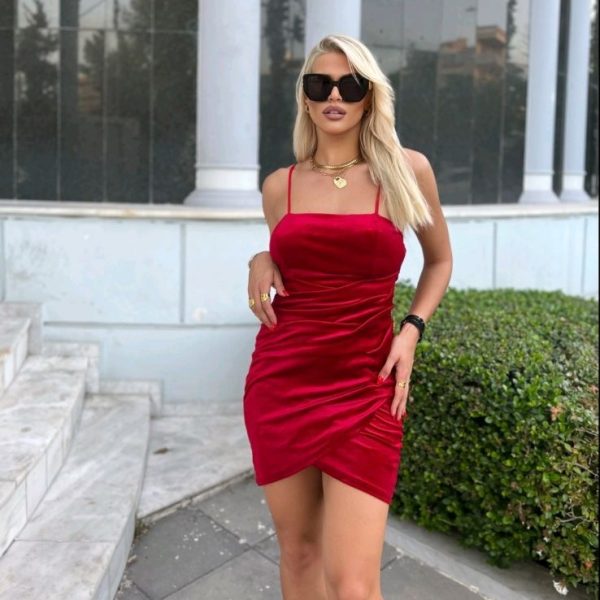 Φόρεμα Βελούδινο Με Ράντα Κόκκινο One Size
