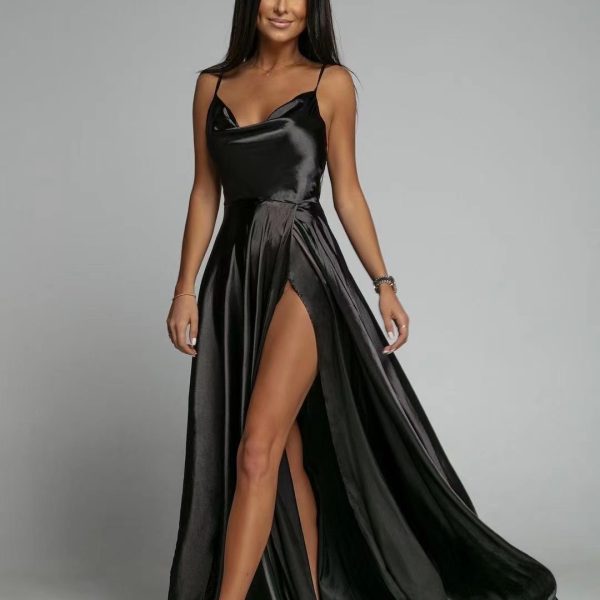 Φόρεμα Σατέν Μάξι Με Σκίσιμο Μαύρο One Size