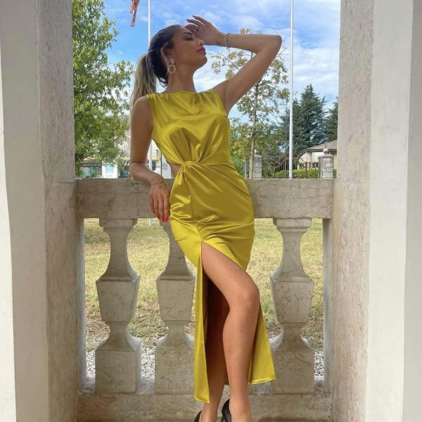 Φόρεμα Σατέν Με Κόμπο Στη Μέση Κίτρινο One Size