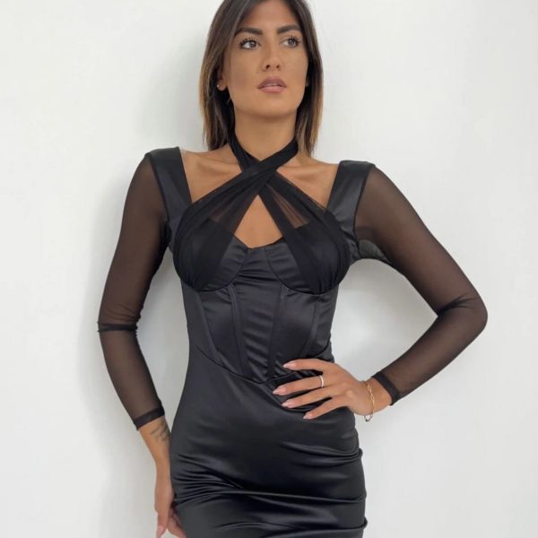 Φόρεμα Σατέν Με Τούλι Μαύρο One Size