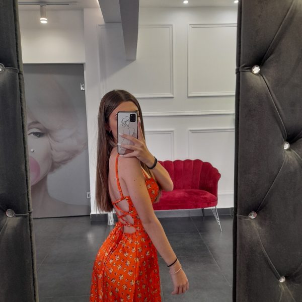 Φόρεμα Σατέν Λουλούδια Πορτοκάλι One Size