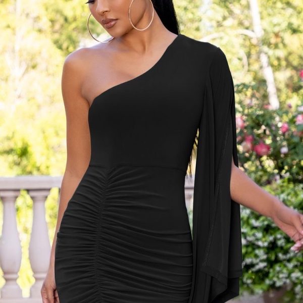 Φόρεμα Με Έναν Ώμο Και Σούρα Μαύρο One Size