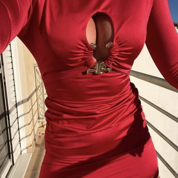 Φόρεμα Με Πέταλο Στο Στήθος Μακρυμάνικο Κόκκινο One Size