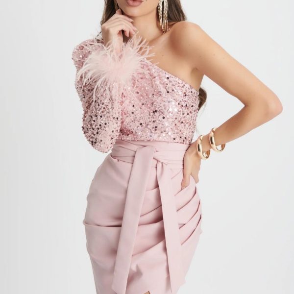 Φόρεμα Με Έναν Ώμο Παγιέτα Ροζ